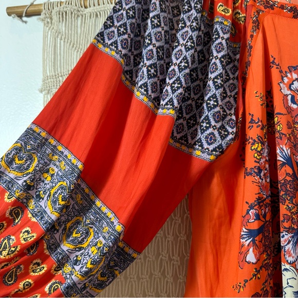 70s Free People Bright Orange Red Tapestry Bohemian Floral Peasant Blouse Small - Picture 4 of 11